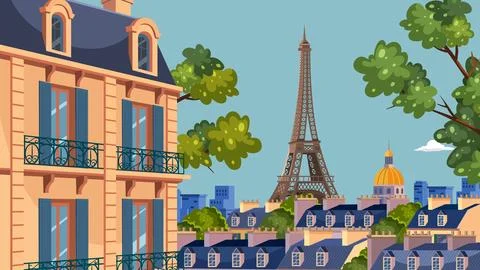 Colorful Flat Vector Illustration of Paris City Skyline and Eiffel Tower 스톡 일러스트