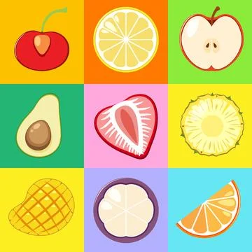 Colorful Flat Vector Illustration of Various Sliced Fruit Cross Sections Stock Illustration