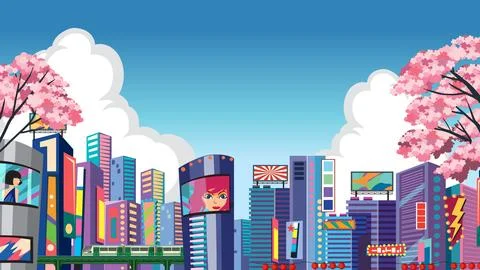 Colorful flat vector illustration of a vibrant urban skyline with blooming ch 스톡 일러스트