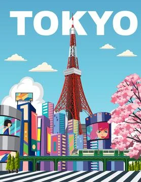 Colorful flat vector poster of a Japanese city skyline with communications to 스톡 일러스트
