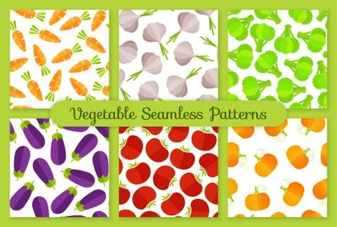 Colorful flat vegetables seamless pattern set Stock Illustration