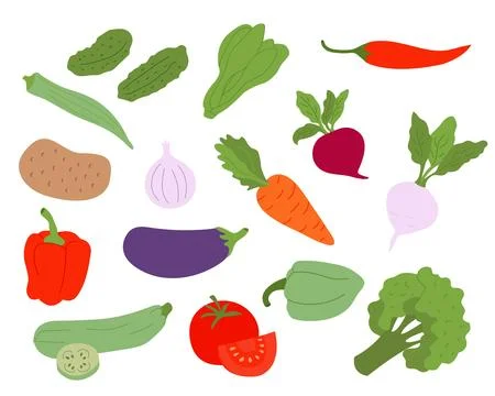 Colorful flat vegetables set on white background Stock Illustration