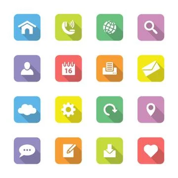 Colorful flat web and technology icon set on rounded rectangle with long shadow Stock Illustration