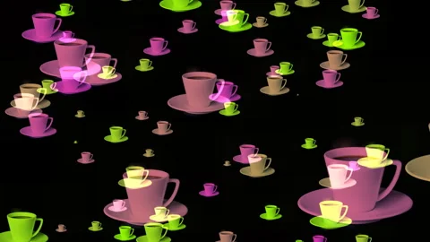 Colorful Floating Coffee Cups Pattern On Black Background  Neon Tea Cups Ab.. Stock Footage 330172619
