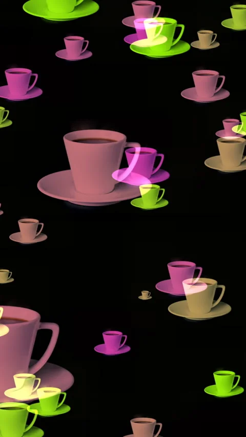Colorful Floating Coffee Cups Pattern On Black Background  Neon Tea Cups Ab.. Stock Footage 337738398