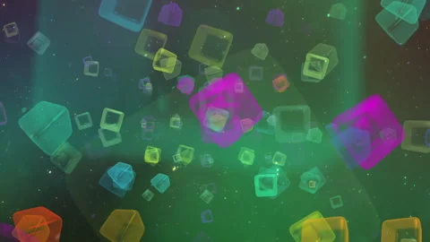 Colorful Floating Cubes Abstract Background With Soft Glowing Bokeh Stock Footage 333332241
