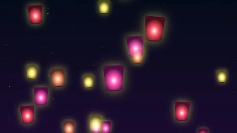 Colorful Floating Lanterns in Night Sky Animation Seamless Loop 4K Video stock 342955173