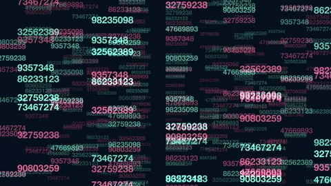 Colorful floating numbers on dark background representing data stream and Stockbeeldmateriaal 334138612