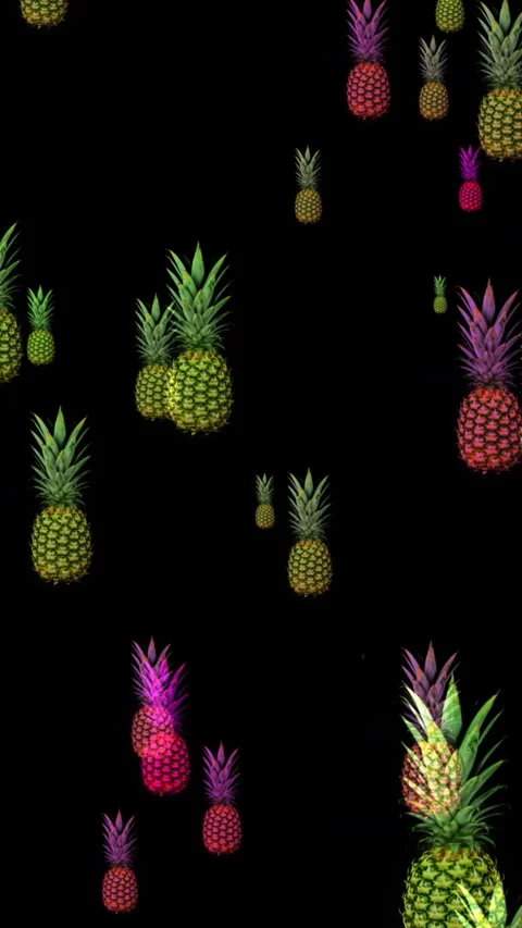 Colorful Floating Pineapples on Black Background Tropical Abstract Pattern .. Stock Footage 337738295