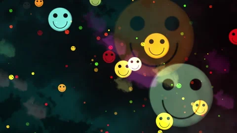 Colorful Floating Smiley Faces On Cloudy Cosmic Sky Stock Footage 300190515