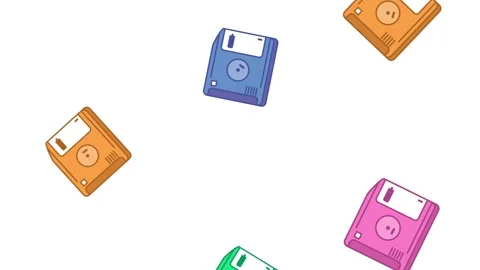 Colorful floppy disk pattern falling on white background in retro animation.. Vídeo Stock 339081367