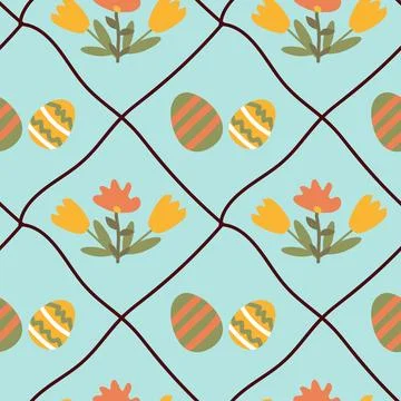 Colorful floral and easter egg pattern on light blue background イラスト素材