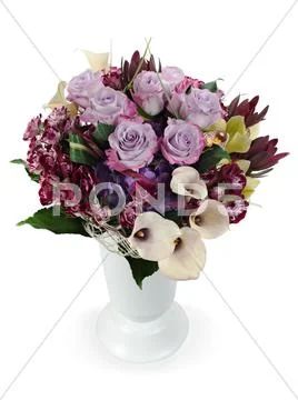 Colorful floral bouquet of roses, lilies and orchids arrangement centerpiece Stock Photos
