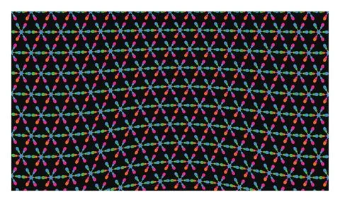 Colorful floral pattern with circular elements and vibrant petals on dark b.. Illustrazione stock