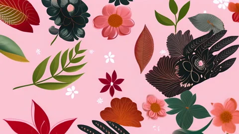 Colorful floral patterns animation with various leaves and flowers on pink Video stock 308771670