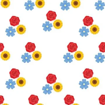 Colorful floral seamless pattern with red roses blue forget me nots and yel.. Stockillustratie