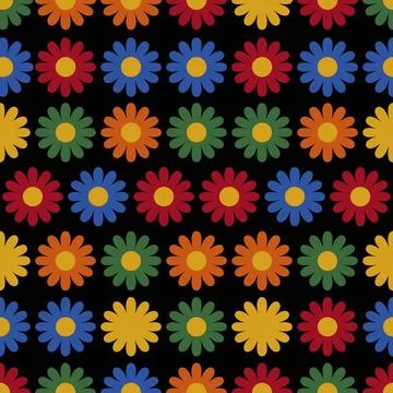 Colorful Flower Pattern on Black Background Stock Illustration
