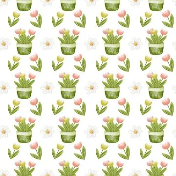 Colorful flower pattern design featuring tulips and daisies in decorative f.. Stock Photos
