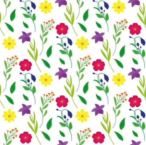 Colorful flowers with branches seamless pattern. Stock Illustration