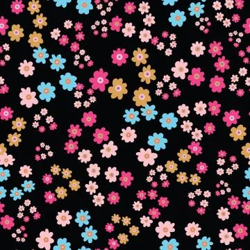 Colorful flowers seamless vector pattern on black Stock Illustration