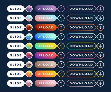 Colorful fluid Liquid vector button set on dark background. Upload, slide and Illustrazione stock