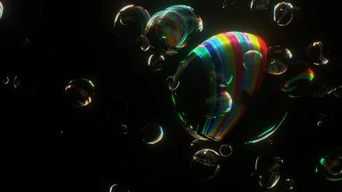 Colorful flying soap bubble on black background Stock Footage 308477018