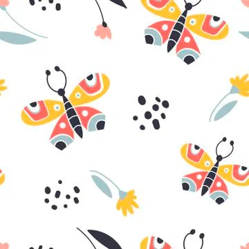 Colorful folk vector seamless pattern with butterflies and flowers. Moths in Stock Illustration