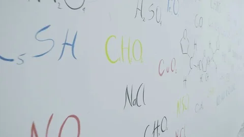Colorful formulas of the chemical elements on white wall. Chemical formulas Stock Footage 81594783