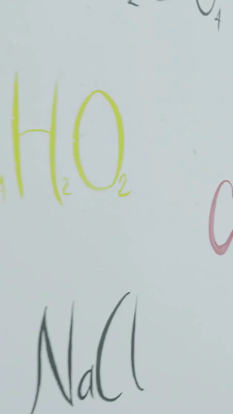 Colorful formulas of the chemical elements on white wall. Chemical formulas Stock Footage 281497428