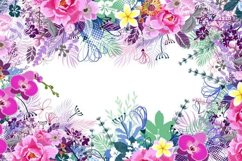 Colorful frame border with different blooming meadow flowers. Vector illustra Stock Illustration