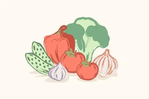 Colorful Fresh Vegetable Pastel Vector Still Life Stock Illustration