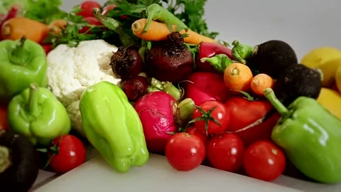 Colorful Fresh Vegetables On A Kitchen Table Close Up Stock Footage 343741820