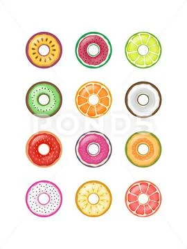 Colorful Fruit Donuts Vector Set Collection Isolated On White Stock Illustration