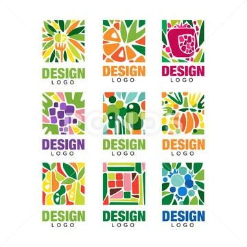 Colorful fruit logos collection. Original label template in rectangular shape Stock Illustration