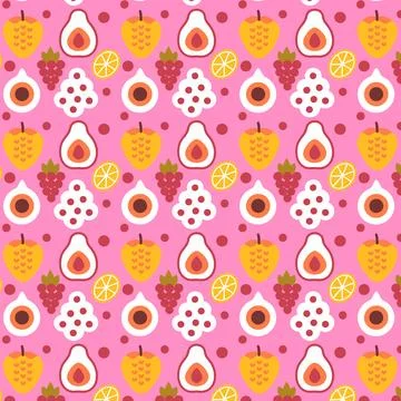 Colorful Fruit Pattern with Avocado, Grapes, and Citrus on Pink Background Stock Illustration
