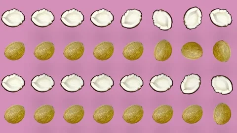 Colorful fruit pattern of fresh coconuts on pink background. Seamless pattern Stock Footage 167486147