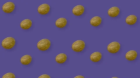 Colorful fruit pattern of fresh coconuts on purple background with shadows Stockbeeldmateriaal 167486644