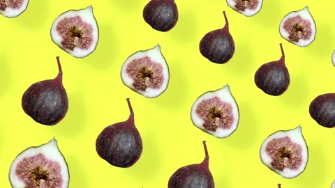 Colorful fruit pattern of fresh figs on yellow background with shadows. Seamless Video stock 167487488