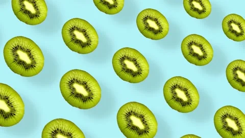Colorful fruit pattern of fresh kiwi on blue background with shadows. Seamless Stock-Footage 167479455