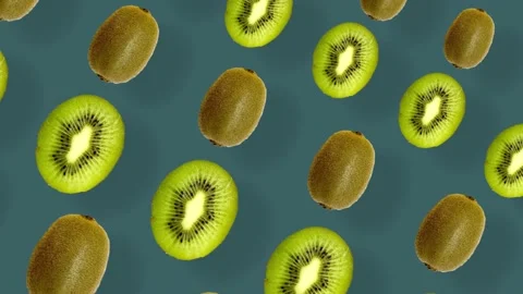 Colorful fruit pattern of fresh kiwi on green background with shadows. Seamless Stock Footage 167487985
