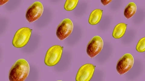 Colorful fruit pattern of fresh mango on pink background with shadows. Seamless Stock Footage 167487127