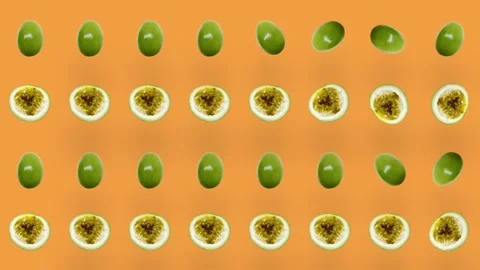 Colorful fruit pattern of fresh passion fruit on orange background. Seamless Stock Footage 167485622