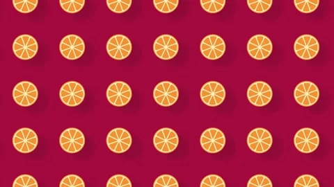 Colorful fruit pattern of orange slices on red background with shadows. Seamless Video stock 169242886