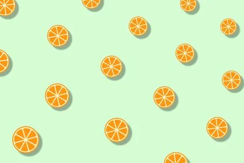 Colorful fruit pattern of orange slices on light green background with shadows Illustrazione stock