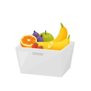 Colorful fruit in transparent container isolated over white background Ilustração Stock