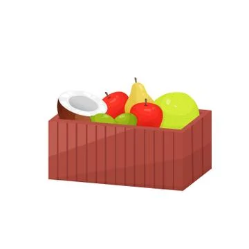Colorful fruit in wooden large rectangular box isolated over white background イラスト素材