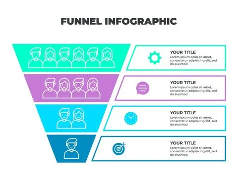 Colorful Funnel Process Infographic Representing Four Stages of the Custome.. Stock Illustration