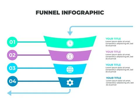Colorful Funnel Process Infographic Representing Four Stages of the Custome.. 스톡 일러스트