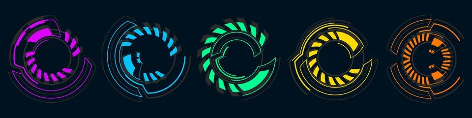 Colorful futuristic HUD circular interface elements set on dark background Stock Illustration