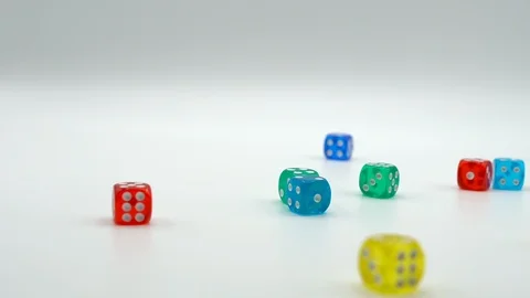 Colorful game cubes falling chaotically down on white background. Isolated cubes Stock Footage 118882543